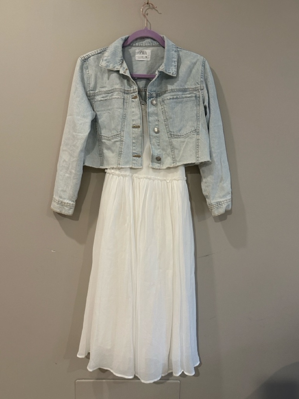 Zara Light Blue Cropped Denim Jacket with White Dress